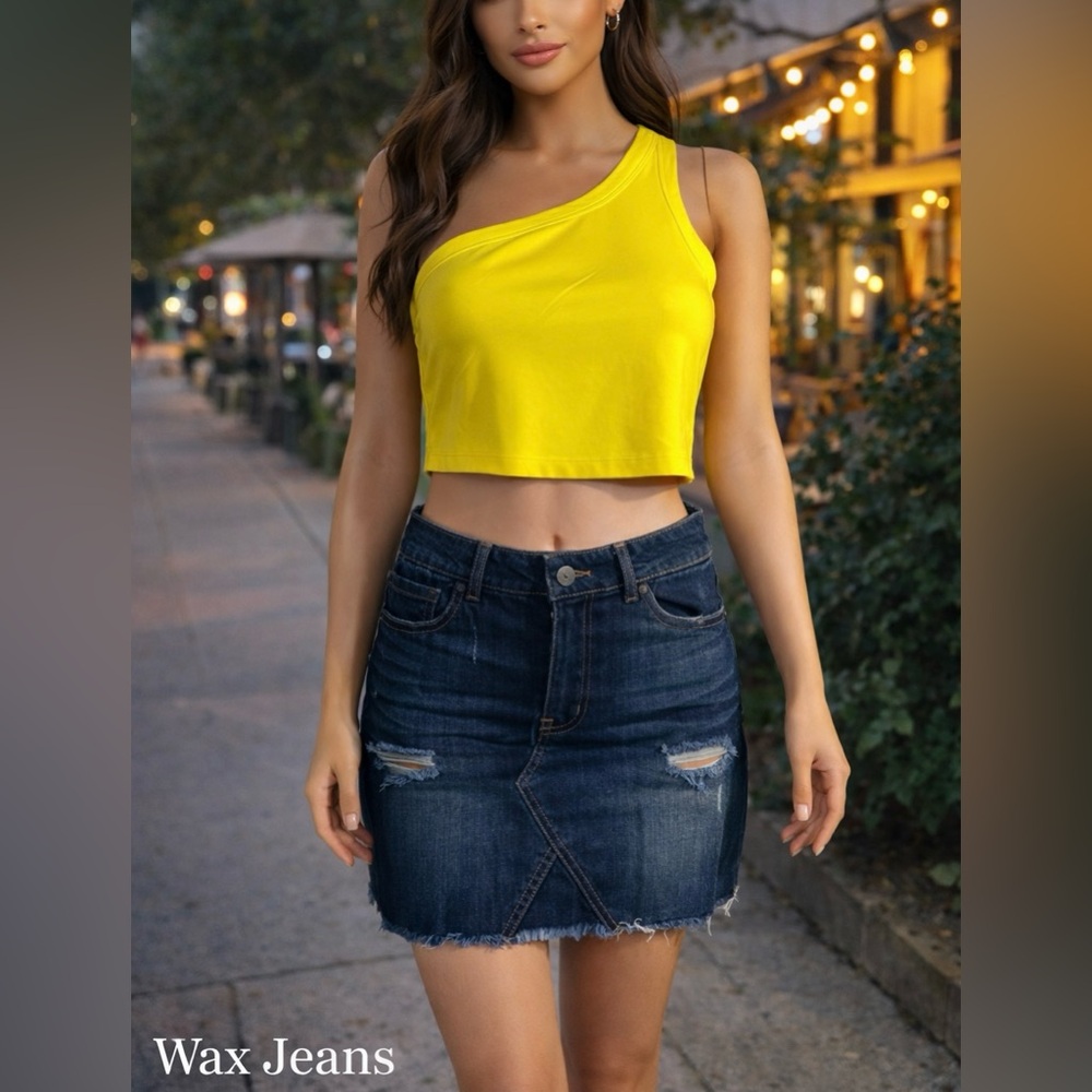 Wax Jean Dark Wash Denim Mini Skirt Distressed Raw Hem Size M EUC